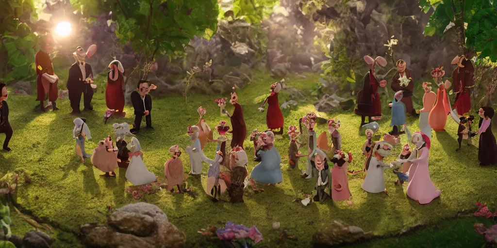 Prompt: a stop motion animated film still, mice wedding ceremony, by wes anderson, nature exterior, realistic skin fabric, trending on artstation, sunny day light, bright colors,