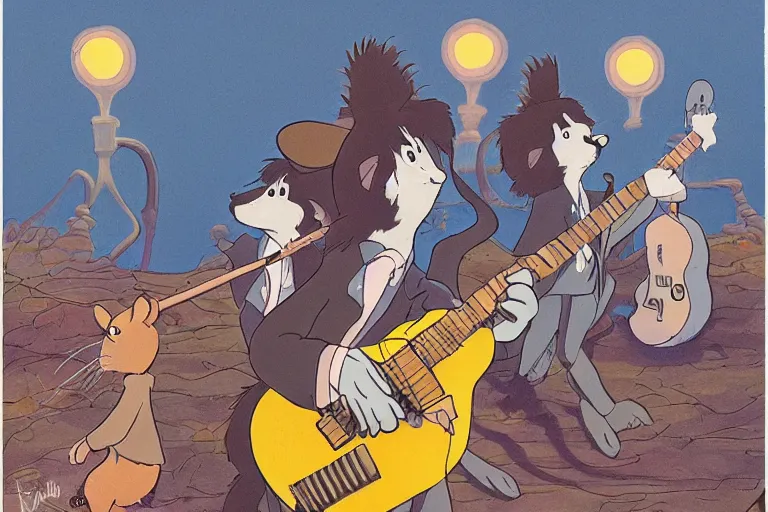 Prompt: rats playing in a rock band dressed as the beatles, beautiful, dreamlike, wholesome, ghibli and disney animation, sharp, intricated, art by ken anderson and mel shaw, bloom, dramatic lighting, brown palette,