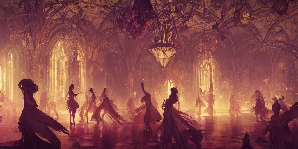 Prompt: beautiful render of a ballroom, concept art, some dancers, at night, medieval!!, bright, artstation, detailled, manga!, fantasy! by greg rutkowski, by alphonse mucha