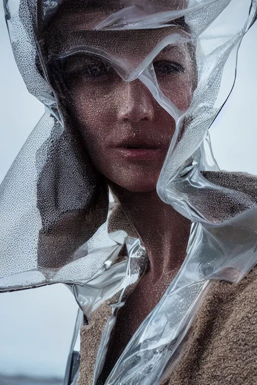 Image similar to an ultra high definition professional high fashion portrait studio full length photograph of a model wearing a transparent pearlescent raincoat and neon visor in an icelandic black rock environment at dawn. no artefacts. extremely detailed. stark. refraction. shallow depth of field. volumetric light and shadow. ray tracing. light rays.