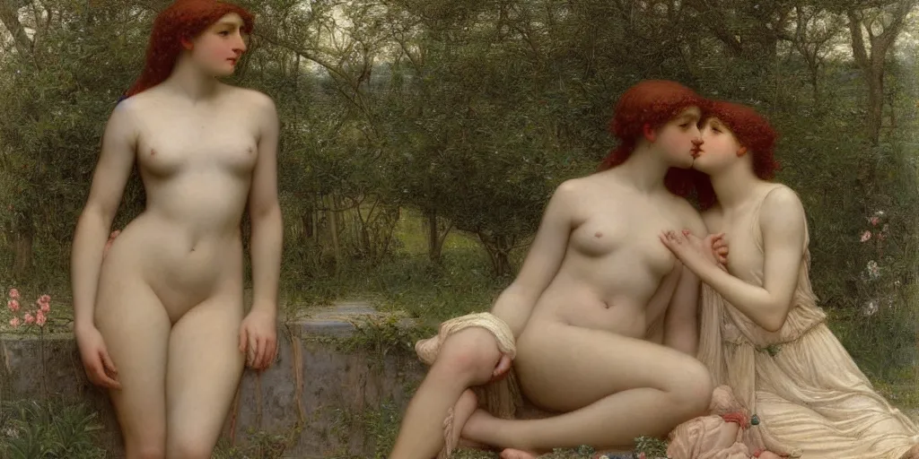 Prompt: et in Arcadia Ego, in the style of Thomas Cooper Gotch, John William Godward, Edgard Maxence, Jules Bastien-Lepage, oil on canvas, 4k resolution, 1890