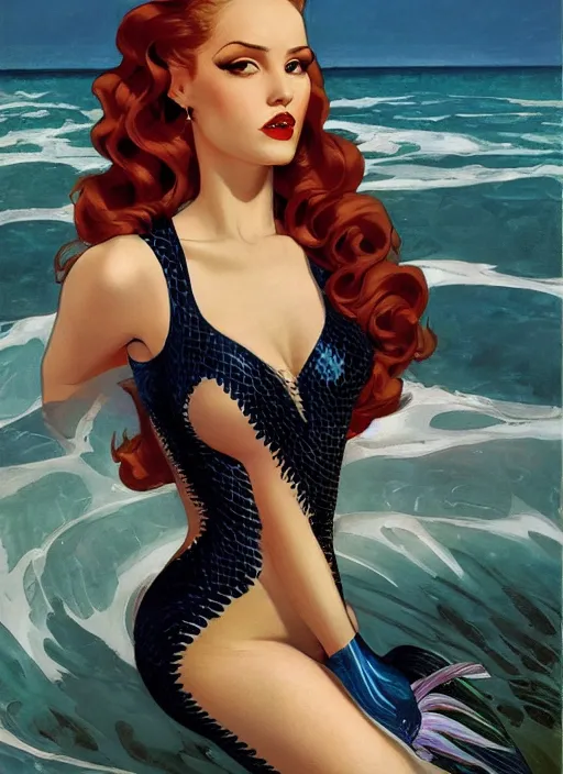 Prompt: Portrait, body centered, pinup shot and pose, dark sultry beautiful mermaid with long flowing hair, iridescent scales on her body, fish tail, by j.c. Leyendecker, Brom, face by Otto Schmidt