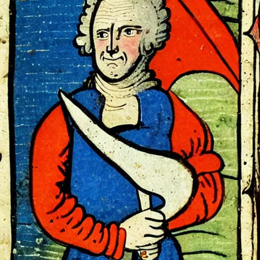 Image similar to a 1 8 th century illustration manuscript illustration of a medieval peasant holding a large blue trident above his head.