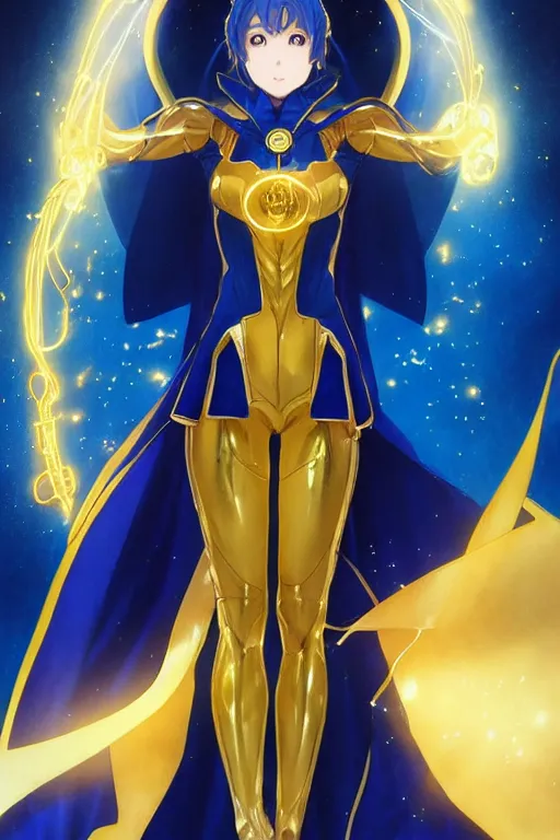 Image similar to anime key visual of a beautiful young female doctor fate!! intricate, gold and blue suit, cape, glowing, powers, dc comics, cinematic, stunning, highly detailed, digital painting, artstation, smooth, hard focus, illustration, art by artgerm and greg rutkowski and alphonse mucha