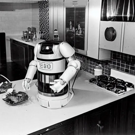 Prompt: a robot cooking in the kitchen in 1 9 7 4