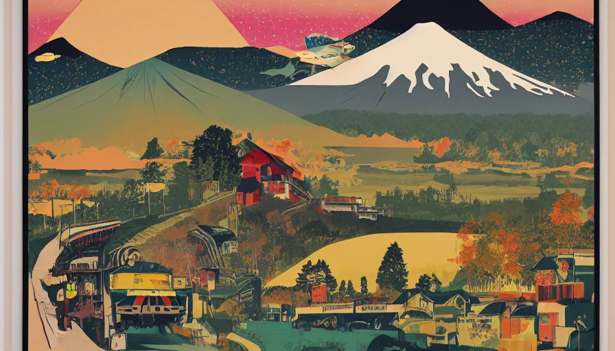 Image similar to award winning graphic design poster, cutouts constructing an contemporary art depicting a lone mount fuji and hills, rural splendor, and bullet train, isolated on white, and bountiful crafts, local foods, edgy and eccentric mixed media painting by Leslie David for juxtapose magazine