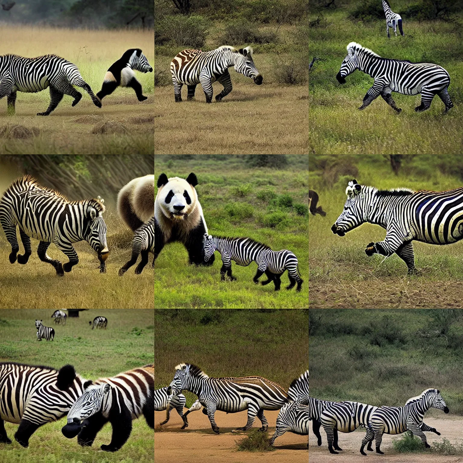 Prompt: realistic wild animal having a head of giant panda and a body of zebra, running in savannah, national geographic photo award