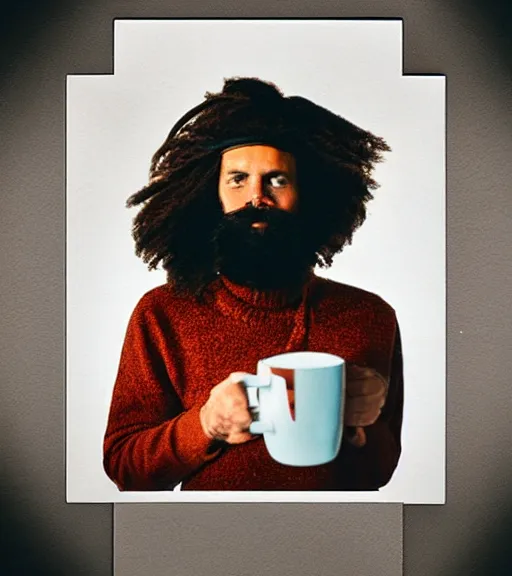 Prompt: color polaroid picture of a hipster man drinking a espresso coffee. diffuse background
