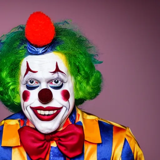 Prompt: UHD candid photo of Zelensky dressed as a clown, wearing accurate clown makeup, accurate face, UHD, photorealistic, correct face, photo by Annie Leibowitz