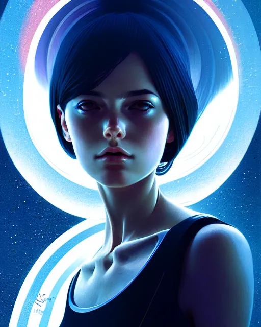 Image similar to girl in space, floating beside planets, symmetrical face and body, symmetrical composition, dynamic wavey hair, detailed designs, digital painting, 4 k, by ilya kuvshinov, by greg rutkowski, atmospheric lighting