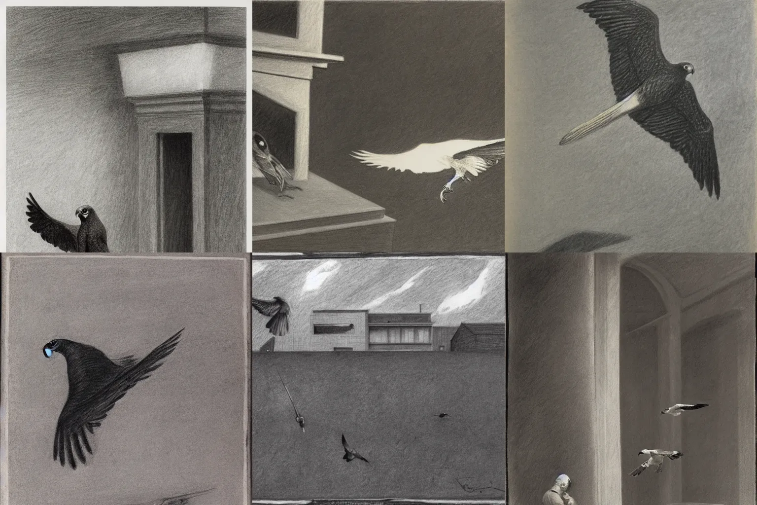 Prompt: a falcon flies away from the falconers glove. pencil drawing by edward hopper and fernand khnopff