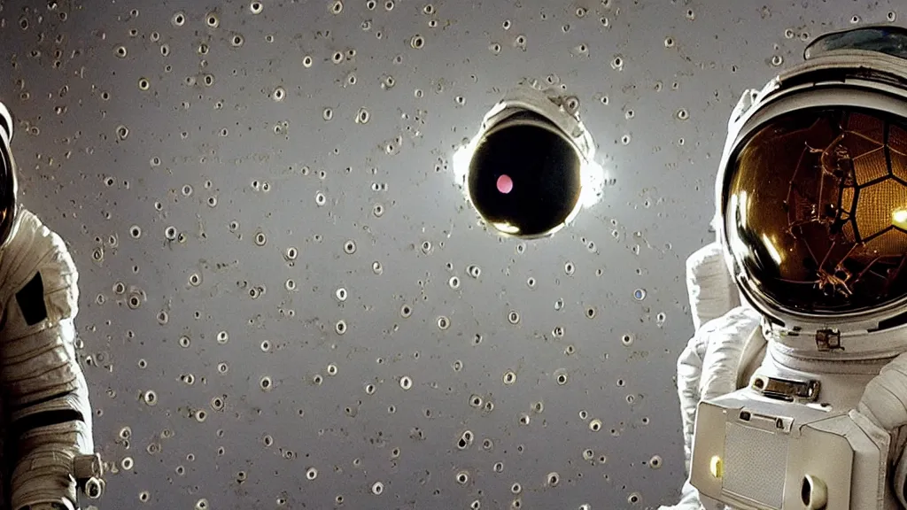 Image similar to a single astronaut eva suit made of diamond 3d fractal lace iridescent bubble 3d skin and covered with insectoid compound eye camera lenses floats through the living room, film still from the movie directed by Denis Villeneuve with art direction by Salvador Dalí, wide lens,