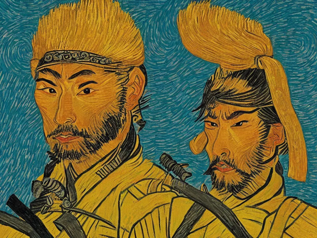 Image similar to Portrait of a Japanese Samurai warrior in the style of Van Gogh.