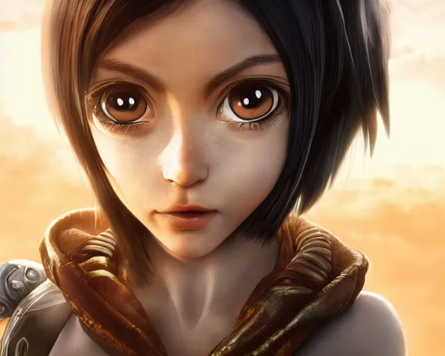 Prompt: battle angel alita, beautiful portrait, watery doe eyes, mouth agape, photorealistic, lifelike, human actress, octane engine, cinematic lighting, high detail, high resolution