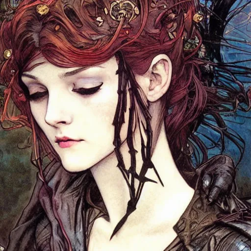 Image similar to a beautiful painting of mary jane watson dressed as a goth teenager, leather armored, dark eyeliner, intricate, elegant, highly detailed, digital painting, artstation, concept art, matte, sharp focus, illustration, art byby rebecca guay and by arthur rackham and by alphonse mucha and by john william waterhouse, comic book style!!