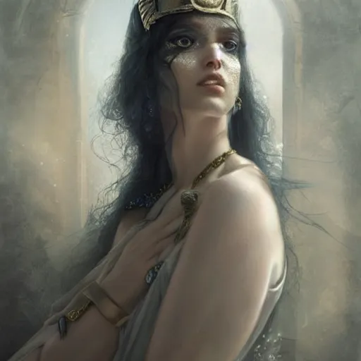 Image similar to like dust, magic gathers in overlooked places, photorealistic portrait of cleopatra in style of tom bagshaw and greg rutkowski. absolutely stunning!, sitting on the palace stairs, symmetrical perfect face, porcelain skin, ultra - detailed, digital art, 8 k