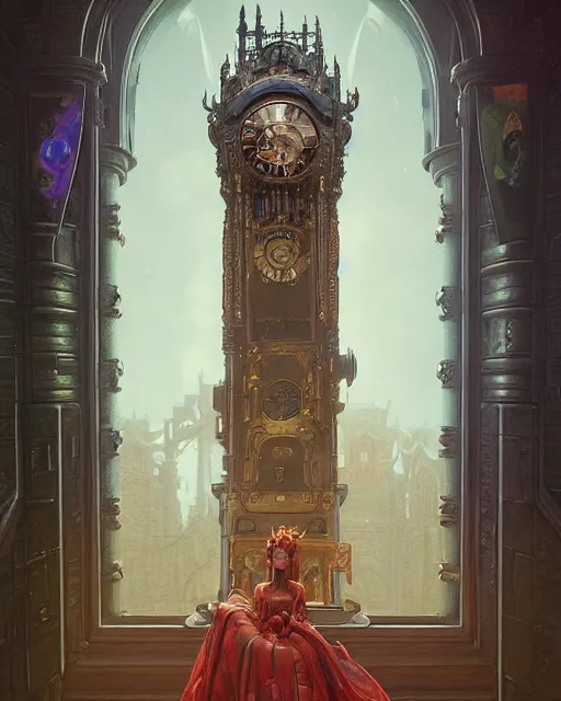 Image similar to highly detailed surreal vfx portrait of a cyberpunk queen in a majestic castle by grandfather clock, stephen bliss, unreal engine, greg rutkowski, loish, rhads, beeple, makoto shinkai and lois van baarle, ilya kuvshinov, rossdraws, tom bagshaw, alphonse mucha, global illumination, detailed and intricate environment