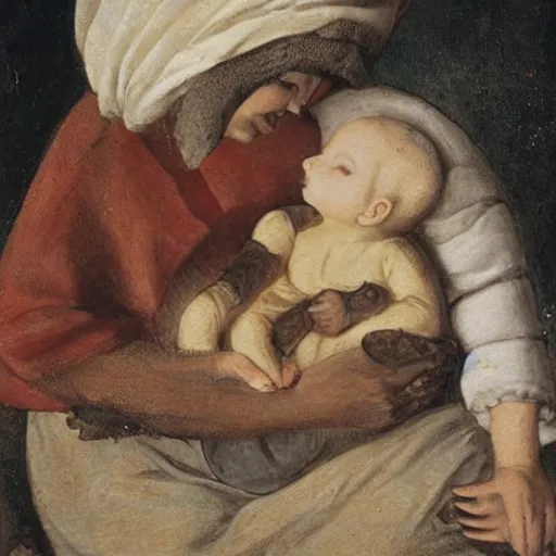 Image similar to human mother nursing a baby with cow teeth