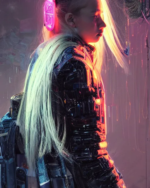 Image similar to detailed portrait neon guard girl with long straight blonde hair seen from the back, cyberpunk futuristic, reflective puffer jacket, black leggings, decorated with traditional ornaments in front of a dystopian crowd with piles of garbage by ismail inceoglu dragan bibin hans thoma, perfect face, fine details, realistic shaded, fine - face, pretty face by rossdraws