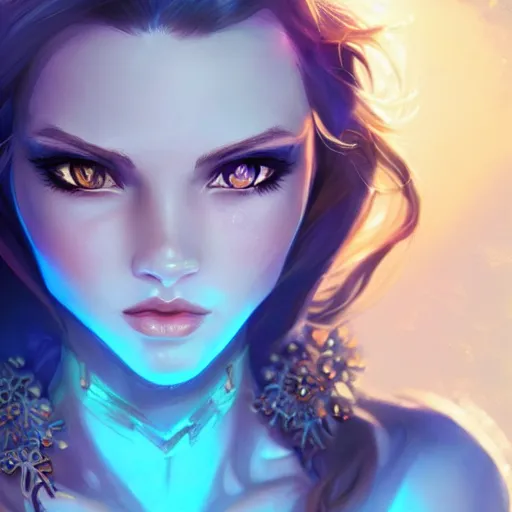 Prompt: a beautiful fantasy girl, brown hair, bright blue eyes, lots of jewelry, epic lighting, vibrant colors and hard shadows and strong rim light, very coherent, digital art, trending on artstation, finely detailed features, ross tran, sam yang