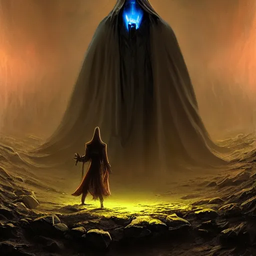 Image similar to ''cinematic shot'' of a necromancer hooded mage creating his army of undead foggy realism etmosferic casper david friedrich raphael lacoste vladimir kush leis royo volumetric light effect broad light oil painting painting fantasy art style sci - fi art style realism premium prints available artwork unreal engine