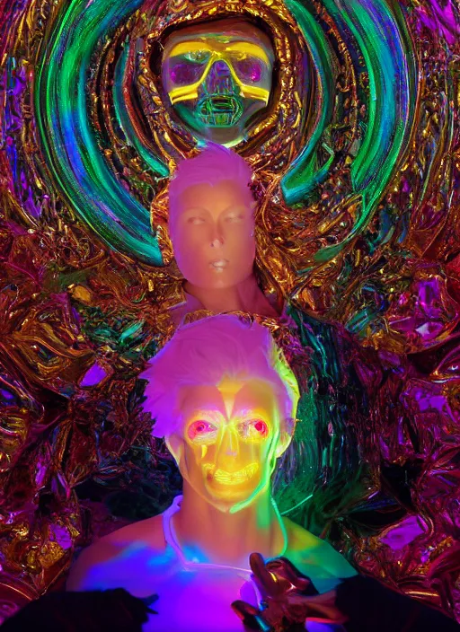 Image similar to photo of fullbodied baroque and bladerunner delicate neon diamond sculpture of seductive ceramic albino marble prince andres sanjuan dotado creamy orange iridescent humanoid deity wearing white fluffy hoody holding diamond skull in a black metallic dungeon, reclining, glowing rainbow face, crown of white diamonds, cinematic lighting, photorealistic, octane render 8 k depth of field 3 d