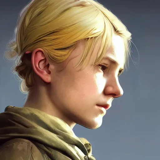 Image similar to Blonde Ellie from TLOU, highly detailed, digital painting, artstation, concept art, smooth, sharp focus, illustration, ArtStation, art by artgerm and greg rutkowski and alphonse mucha and J. C. Leyendecker and Edmund Blair Leighton and Katsuhiro Otomo and Geof Darrow and Phil hale and Ashley wood and Ilya repin and Charlie Bowater