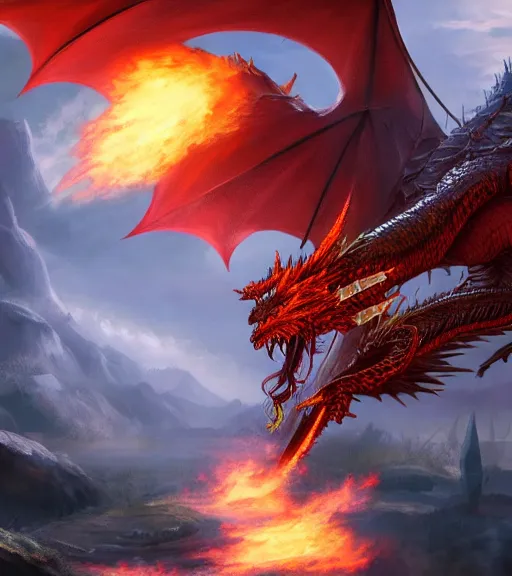 Image similar to a fantasy fire dragon, magic the gathering, detailed, trending on artstation, deviantart, 8k, high res