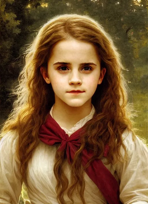 Prompt: painting. [ young ] emma watson as hermione granger 2 0 0 4. prisoner of azkaban. close up. cheerful. happy. smiling. art by william adolphe bouguereau. during golden hour. extremely detailed. beautiful. 4 k. award winning.