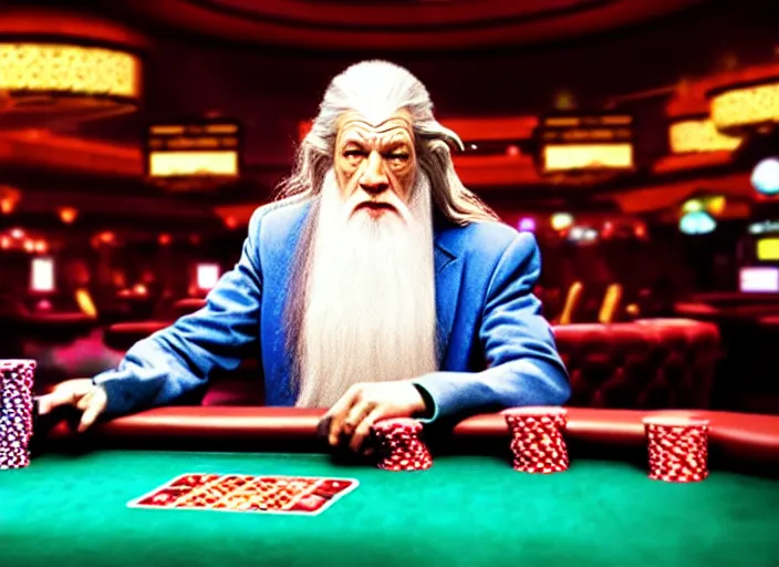 Image similar to film still of gandalf gambling in a casino in new hangover movie, 8 k