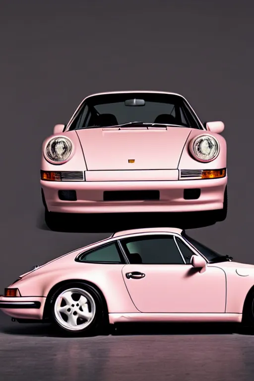 Prompt: Portrait of a light pink Porsche 911 Carrera 3.2, studio lighting, dimly lit, backlit, photoshoot for vogue magazine, highly detailed.