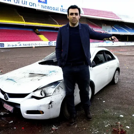 Image similar to xavi hernandez next to a crashed car, in estadio de vallecas