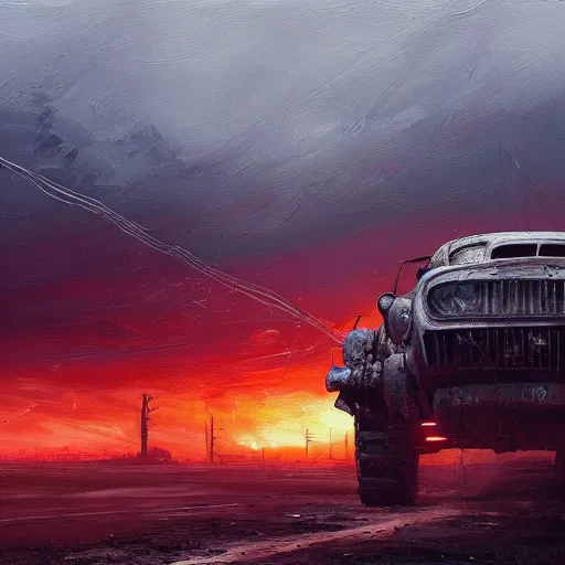 Image similar to post apocalyptic wasteland, mad max, smooth, dreary, oil painting, beautifully detailed, trending on artstation, by alena aenami