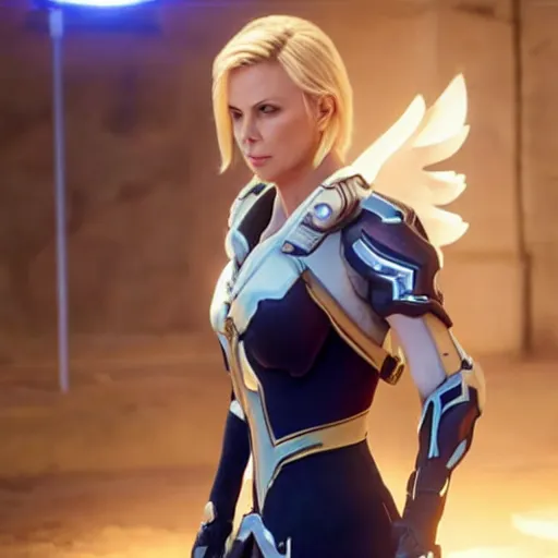 Prompt: film still of charlize theron as mercy in overwatch ( 2 0 2 3 )