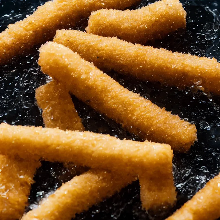 Image similar to Soaking wet soggy fish stick drenched with a stream water from a faucet on a moist wet plate. Very wet delicious crusty fish sticks. Macro lens close up 4K food commercial shot