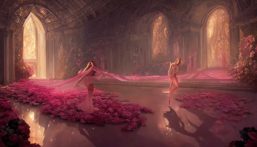 Prompt: victoria secret runway show, light, shadows, reflections, flowers, epic composition, intricate, elegant, volumetric lighting, digital painting, highly detailed, artstation, sharp focus, illustration, concept art, artgerm and mina petrovic and timothy kong and marina federovna, ruan jia, steve mccurry,