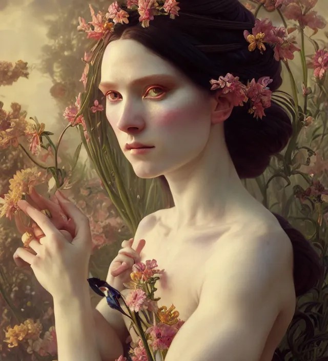 Prompt: baroque portrait of a icelandic princess of porceline skin, full body floral tattoos, cinematic lighting, photorealistic, octane render, 8 k, depth of field, art by artgerm and greg rutkowski and alphonse mucha and uang guangjian