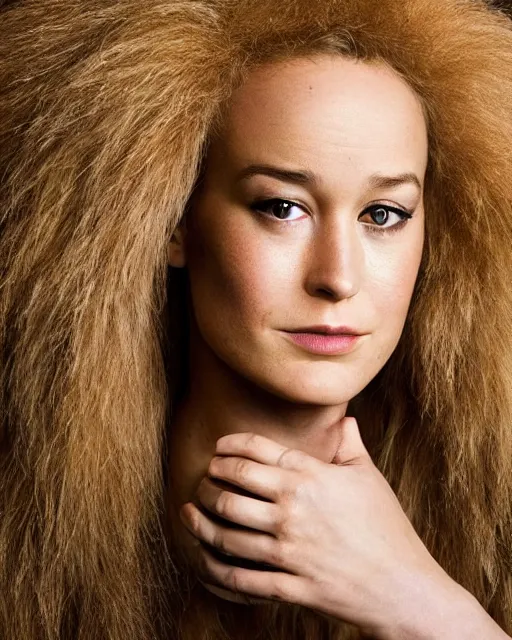 Image similar to annie leibovitz striking headshot of brie larson in rick baker makeup as an anthropomorphic beautiful lioness : hyperreal