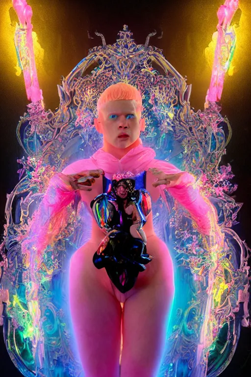 Prompt: full-body rococo and cyberpunk delicate neon crystalline sculpture of ((young muscular golden albino prince Joe Jonas)) as an blue iridescent humanoid deity wearing ((peach plastic hooded cloak)) (holding a human skull) in a black castle dungeon, reclining, glowing pink face, crown of (pink lasers), large blue diamonds, swirling black silk fabric. futuristic elements. oozing glowing liquid, full-length view. space robots. intricate artwork by caravaggio. Trending on artstation, octane render, cinematic lighting from the right, hyper realism, octane render, 8k, depth of field, 3D