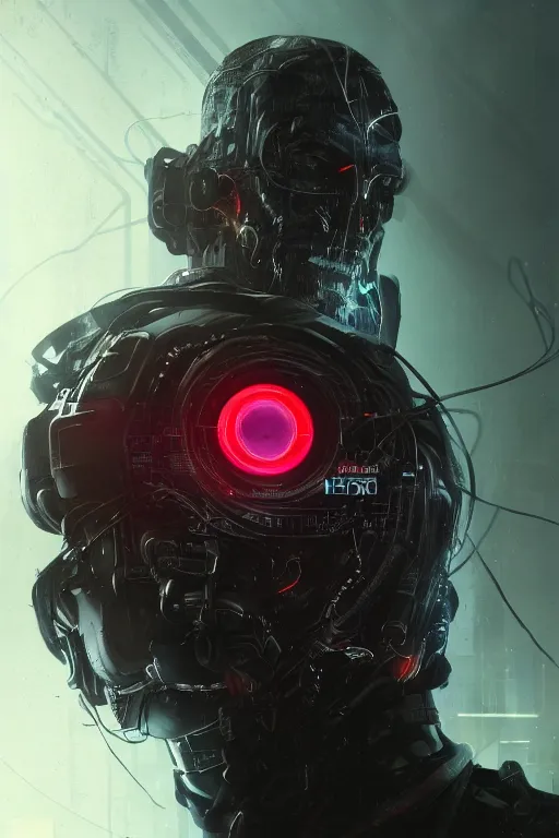 Image similar to head and shoulders render of man black_jacket close up cyberpunk face ((single_eye _glowing_red_eye red_emissives!)) android face mecha, inhuman creepy intimidating, exposed cables-bundle-black-thick Tom Bagshaw and Greg Rutkowski and Alphonse Mucha Bladerunner 2049 screenshot artstation UE5 Cyberpunk 2077 character trending 165mm