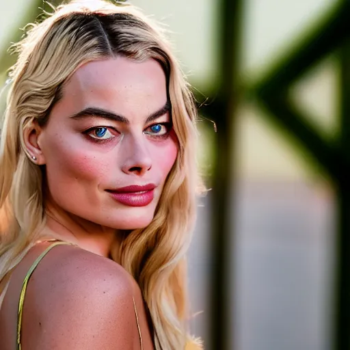 Image similar to a beautiful medium - shot of margot robbie, harley queen, beautiful natural backlight, bokeh, by terry richardson