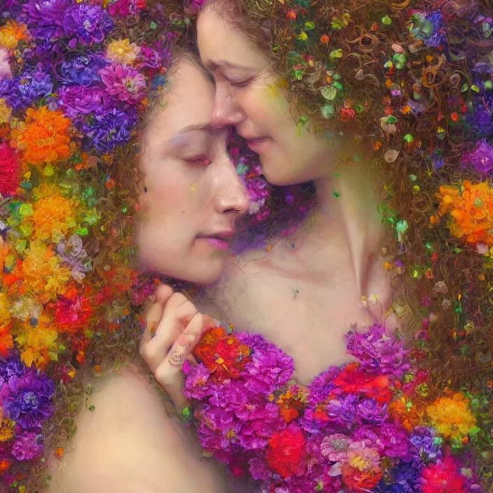 Prompt: portrait of women hugging made of colorful rainbow fractal flowers hugging , closeup character portrait art by Donato Giancola, Craig Mullins, digital art, trending on artstation