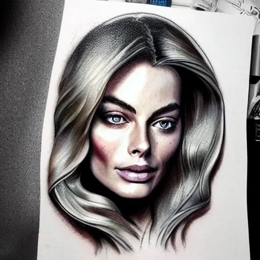 Image similar to face morph tattoo design sketch of margot robbie blended with beautiful mountain scenery, in the style of matteo pasqualin, amazing detail