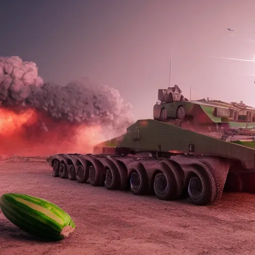 Prompt: Watermelon as military vehicle with epic weapons, launching rockets on a battlefield, russian city as background. Concept digital 3D art in style of Caspar David Friedrich, super rendered in Octane Render, More Military vehicle less watermelon, epic RTX dimensional dramatic light