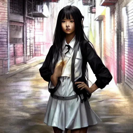 Prompt: a perfect, realistic professional digital oil painting of a Japanese schoolgirl posing in a dystopian alleyway, style of Marvel, full length, by a professional American senior artist on ArtStation, a high-quality hollywood-style concept