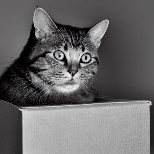 Image similar to cat in the box, four paws outside, studio light, great composition, golden ratio