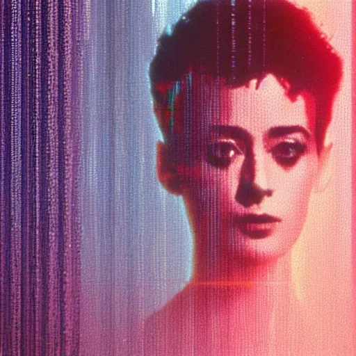 Prompt: vhs glitch art portrait of a sean young in blade runner a sheet foggy environment static colorful noise glitch volumetric light by bekinski