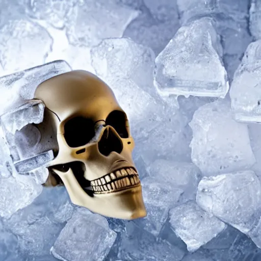 Image similar to a robotic skull encased in frozen ice cube