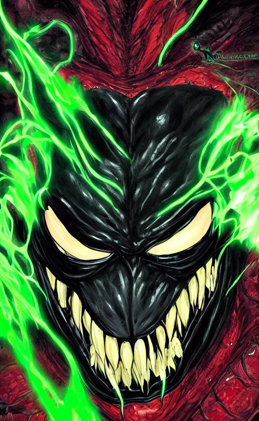 Image similar to portrait of venom as the green goblin, black and red, dynamic lighting, cinematic, ultra detailed, trending on art station, stunning visuals, creative, fantasy concept art