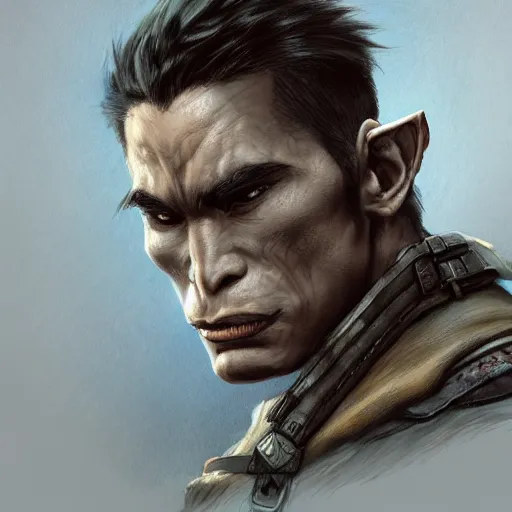 Image similar to portrait of a half orc by ayami kojima, he is about 2 0 years old, russian, manly, straight jaw, short brown hair, strong, friendly, and he is wearing a modern tactical gear, scifi, highly detailed portrait, digital painting, artstation, concept art, smooth, sharp foccus ilustration, artstation hq